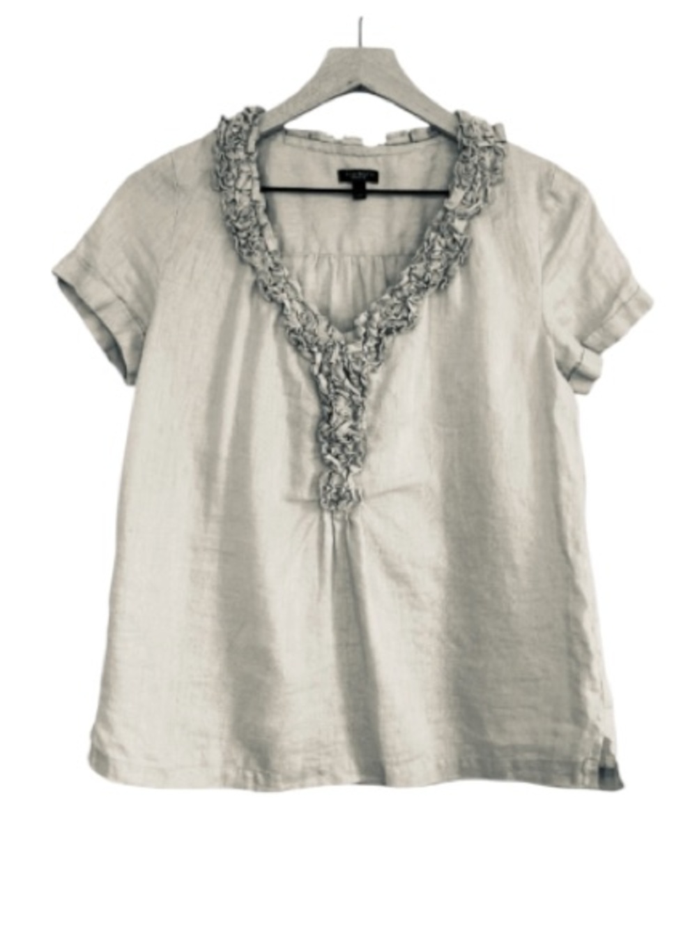 Talbots Women’s Light Gray Ruffle Trim Linen V-Neck Short Sleeve Top Sz 2P
